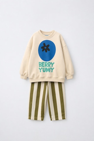 Magu Çocuk Yaban Mersini Baskılı Ekru Sweatshirt Ve Yeşil Çizgili Eşofman Takımı Çok Renkli