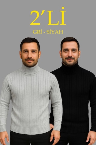Modi Erkek Fitilli Triko Kazak 2li Set Gri Siyah Regular Balıkcı Yaka Tam Boğazlı Triko Seti Modeli Kazak