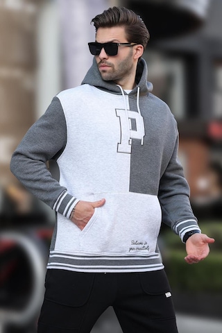 Madmext Antrasit Renk Bloklu Kapüşonlu Baskılı Erkek Sweatshirt 7078 Antrasit