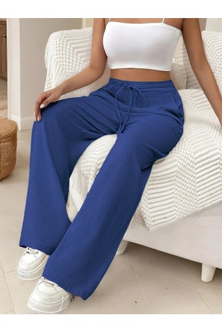 Gülsüm Aydın Kadın Yüksek Bel Bağcıklı Geniş Paçalı Uzun Bürümcük Pantolon Mavi