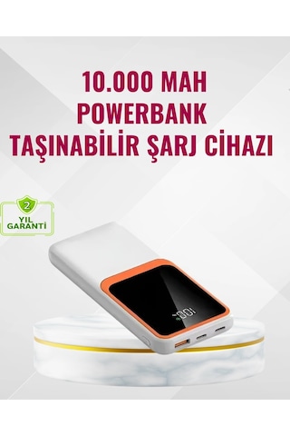 Taşınabilir Şarj Cihazı Powerbank 10000 Mah Çift Usb Çıkışlı, Type-c Girişli, Şık Beyaz Tasarım