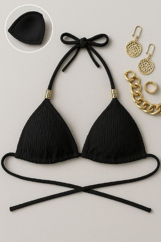 Najmaddin.com Beru Kadın Siyah Pedli Üçgen Bikini Üstü Halter Bağlamalı Aksesuarlı