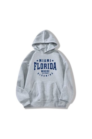 Unisex Gri Florida Baskılı Kapşonlu Oversize Sweatshirt 001