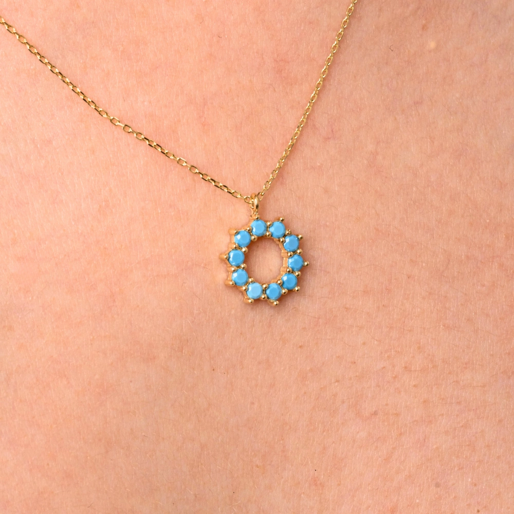 Gümüş Kolye - Yuvarlak Firuze Turkuaz Taşlı 925 Ayar Gümüş Kolye Sarı