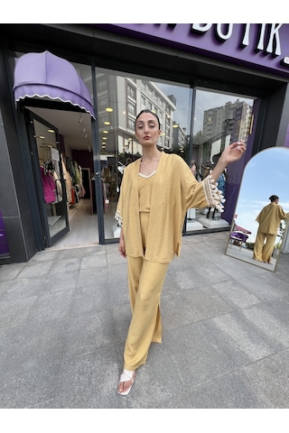 Kol Detaylı Salaş Keten Kimono Safran Sarısı-101 Bej