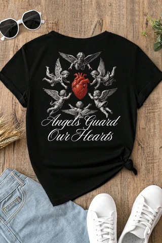 Spoyi Angel Heart Tasarımlı %100 Pamuk Yarım Oversize Siyah T-mhirt