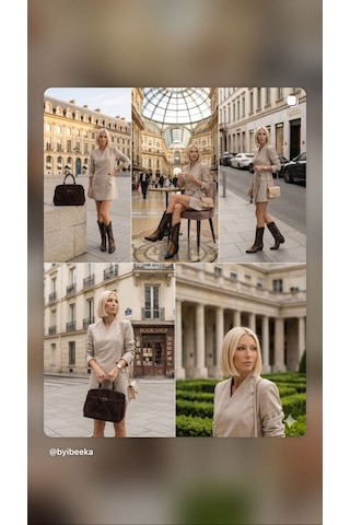 Luxury Collectrion Italyan Kesim Kruvaze Ceket - Etek Takım - Bej - L - St01127-bej-l