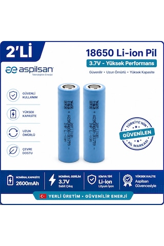 Aspilsan 18650 2600mah 3.7v Li-ion Şarjlı Pil 2'li Paket Inr18650a28 Yerli Üretim Lityum İyon Batarya