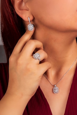 925 Ayar Gümüş Rodyumlu Full Zirkon Süslemeli Baget Oval Bayan Takı Seti -8241 Gümüş