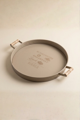 Ahşap Kulplu Yuvarlak Metal Servis Tepsisi 37 Cm Cappuccino