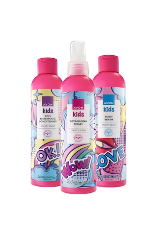Avon Kids Meyve Kokulu Saç Kremi Şampuan Vücut Şampuanı Ve Saç Açıcı Sprey Seti