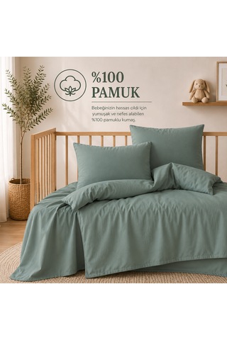 Lief Home %100 Pamuklu Sertifikalı Bebek Nevresim Takımı 100x150 63 Tel Dokuma Kutulu Gönderim Yeşil