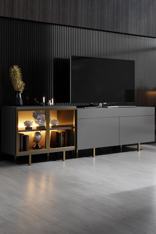 Vienna Gold Demir Ayaklı Rgb Led Işık Sistemli Antrasit Tv Ünitesi Tv Sehpası Antrasit - Altın