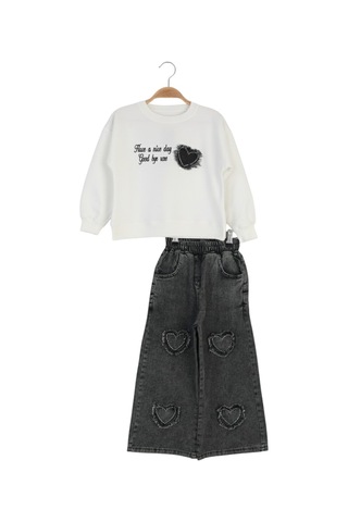 Erdem Kıds Kız Çocuk Bayramlık Günlük - Casual Geniş-bol Paça Palazzo Kot Pantolon-sweatshirt İkili Takım Beyaz - Siyah Beyaz - Siyah