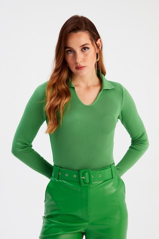 Sateen Polo Yaka Triko - Yeşil-132066 Yeşil