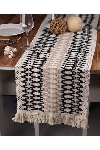Pamuk Örme Püsküllü Siyah-kahve Dantel Runner 35x145 Cm