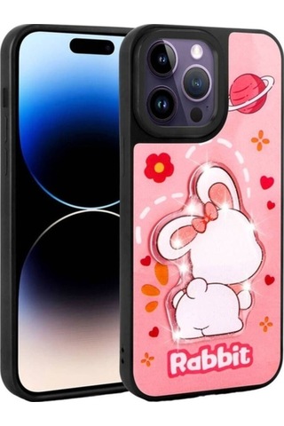 Apple Uyumlu iPhone 14 Pro Max Kılıf Parlayan Kabartmalı İkonik Figürlü Zore Amas Silikon Kapak Pembe