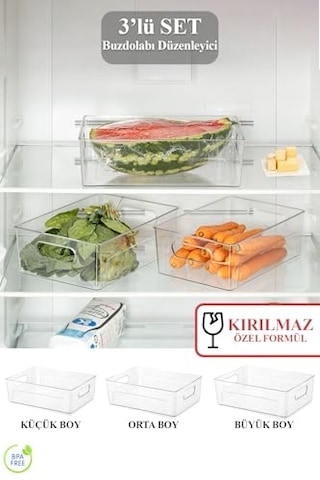 3 Lü Kırılmaz Ultra Dayanıklı Buzdolabı Düzenleyici Organizer Kutu Şeffaf Set 3 Boy Kutu Set Diğer