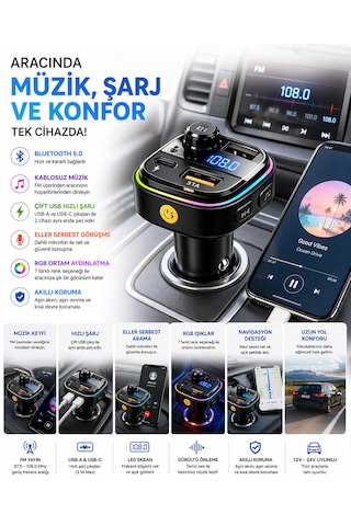 Araç İçi Bluetooth Fm Transmitter Usb-c Hızlı Şarj Çift Usb Led Ekran 12-24v 12w
