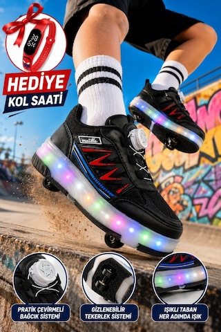 Muggo Sky Çocuk Işıklı Patenli Tekerlekli Sneaker Spor Ayakkabı Siyah - Kırmızı