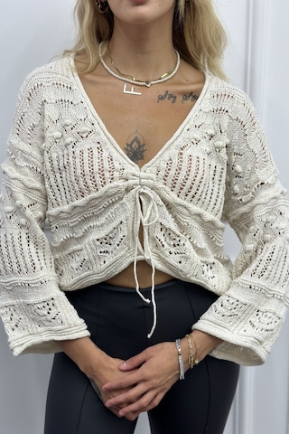 Noa & Noa Ön Büzgü Detaylı Örgü Crop Kazak Cozy Beyaz