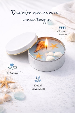 Dekoratif Lüks Soya Mum,el Yapımı Mum,dekoratif Afrika Deniz Kabuğu Ev Hediyesi,okyanus Kokulu 100 G Mavi Beyaz