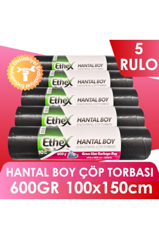 Endüstriyel Hantal Boy Çöp Torbası/poşeti - 10 Adet, 600gr, 100 X 150 Cm, 200lt, Siyah, 5 Rulo