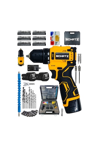 Schatz Profesyonel 12V Kömürsüz Motor Çift Akülü Şarjlı Vidalama Matkap 84 Parça Set Sarı