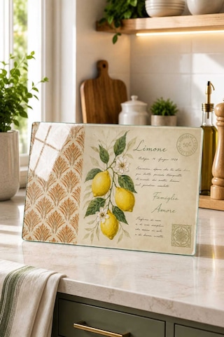 Luminaglass Cam Kesme Tahtası Limon Temalı - Cam Kesme Tablası 30cm X 40cm Bej