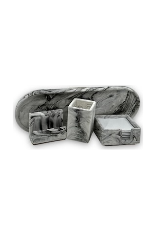 Mermer Desenli Beton 4 Parça Ofis Seti Kartlık Kalemlik Notluk Kartvizitlik Tepsi Gri