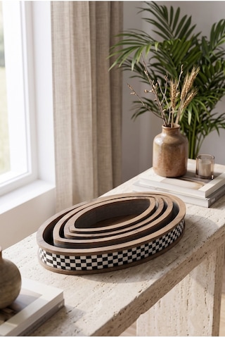 4 Adet Modern Pötikare Damalı Ahşap Oval Sunum Organizer Tepsi Seti Diğer