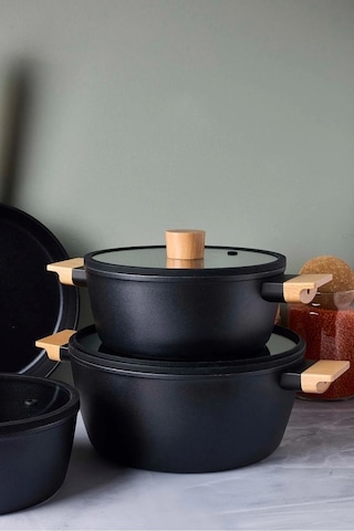 Cookwood Black 9 Parça Tencere Tava Seti Indüksiyon Tabanlı Ahşap Saplı 18080 Siyah