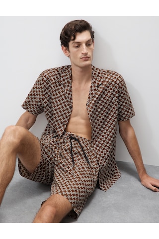 Marks & Spencer Pamuk Karışımlı Geometrik Desenli Pijama Şortu T07001318A Kahverengi