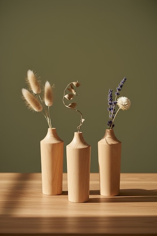 Ahşap 3’lü Dekoratif Vazo Seti Modern Minimalist Rustik Salon Ofis Ev Dekoru Çiçeklik Lignum