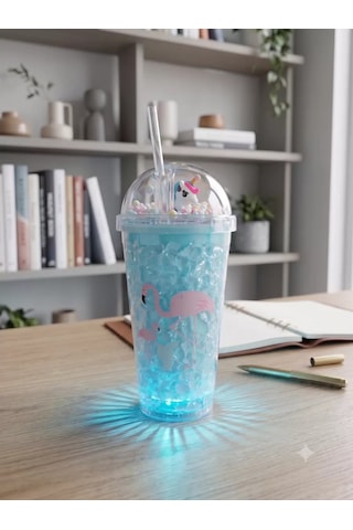 Işıklı Unicorn Ve Flamingo Desenli Çift Katmanlı Jel Buzlu Pipetli Bardak - 450ml - Renk Değiştiren Led Tabanlı Belirtilmemiş