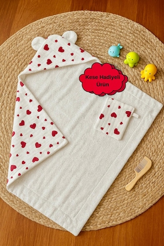 Heianmono Kundak Bebek Banyo Havlusu Dışı Müslin İçi Havlu (%100 Pamuk) (75x75 Cm) (Kalpli) (0 - 24 Ay)