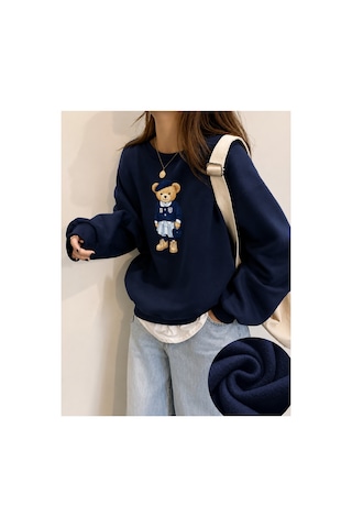 Esade Kadın Kolej Ayıcık Grafik Baskılı Rahat Kalıp Bisiklet Yaka Lacivert Sweatshirt Lacivert