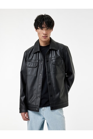 Koton Gömlek Yaka Kapaklı Cepli Uzun Kollu Slim Fit Suni Deri Ceket Siyah 6sam20023hw
