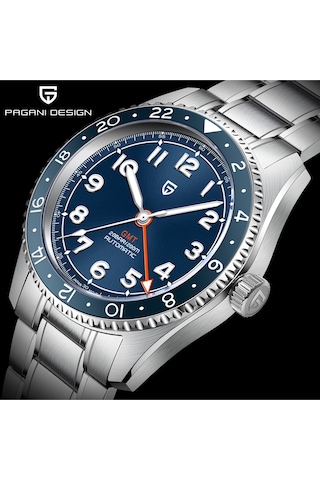 Pagani Design Pd-1784 Erkek Saati Otomatik Gmt Paslanmaz Çelik Kayışlı Japon Nh34a Hareket Safir Cam Su Geçirmez Mavi