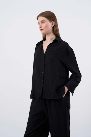 Kadın Keten Gömlek-pantolon Alt Üst Takım Siyah