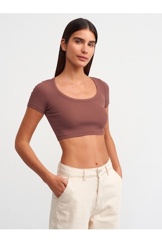 Dilvin Kısa Kollu Crop Top Kahve