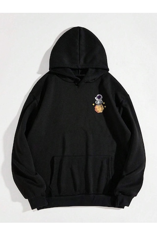 Space Travel Sweatshirt - Siyah Baskılı Oversize Kapüşonlu Siyah