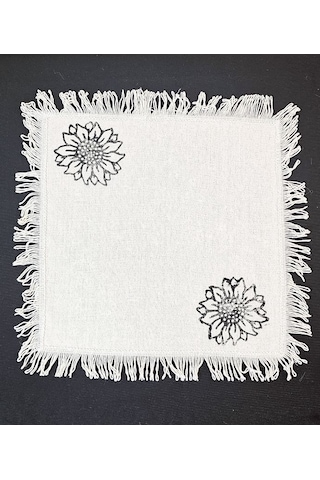 %100 Pamuklu Ham Keten Pamuk Ayçiçek Taş Baskı Püsküllü 6' Lı Amerikan Servisi Supla Kare 42 Cm Naturel