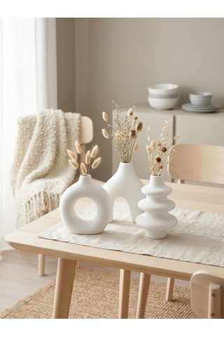 Kaveld Trio Forma El Yapımı 3'lü Dekoratif Vazo Seti, Kemer + Yığma Halka + Donut Form Mermer Tozu & Beton Minimalist Kuru Çiçek Vazosu Beyaz
