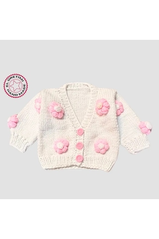 Uretti - Gülnur 2184 - El Örgüsü Pembe Çiçekli Kız Çocuk Hırka 2 Yaş - Beyaz Beyaz