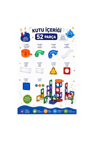 52 Parça Manyetik Karo Boru Seti Stem Eğitici Oyuncak, Bilyeli Manyetik Yapı Ve Parkur Oyuncağı, 3+ Yaş Çocuklar İçin