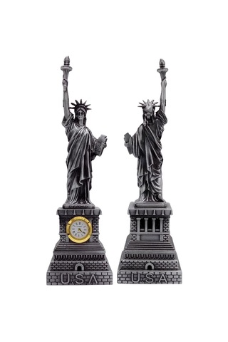 Metal Saatli Özgürlük Heykeli Gümüş Vintage Dekor Usa 25cm