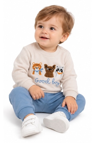İrem Erkek Bebek Good Boy Yazılı Sevimli Hayvanlar Desenli Yakası Çıtçıt Kapamalı Mavi Renk Takım