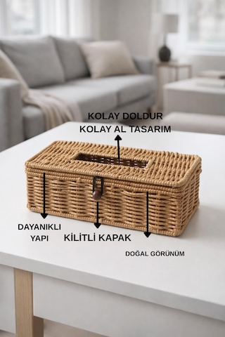 El Yapımı Rattan Peçetelik Kutusu Kapaklı,kağıt Masaüstü Peçetelik Kahverengi
