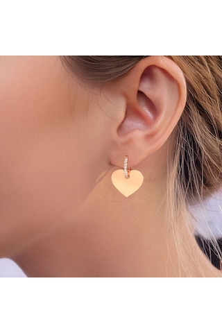 İndigo Takı Sade Kalpli Plaka Rose Gümüş Küpe Rose Renk